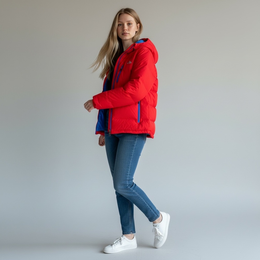 L.L. Bean Red Puffer Jacket with Blue Accents